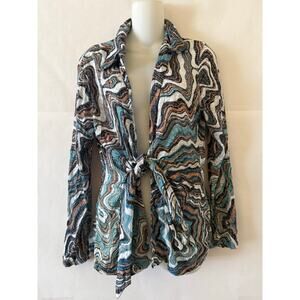 Carine 70s Tie Front Women’s Size L Psychedelic Boho Disco Printed Long Sleeve